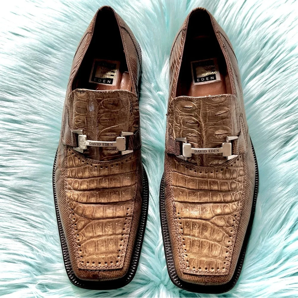 David Eden Genuine Crocodile Vintage Leather Golden Tan Oxford Loafer Men’s 10.5